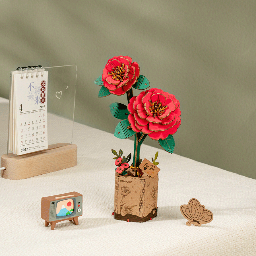 Rowood Puzzle 3D en Bois Fleur Camélia Rouge