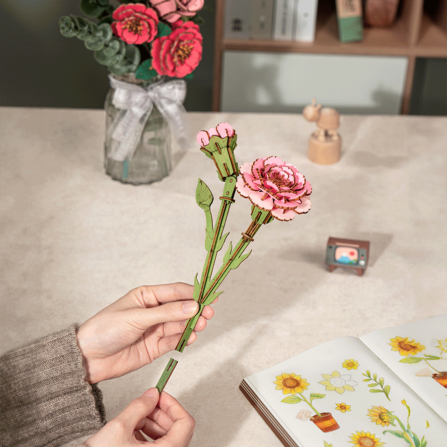 Rowood Fleur en bois, puzzle 3D en bois, œillet rose