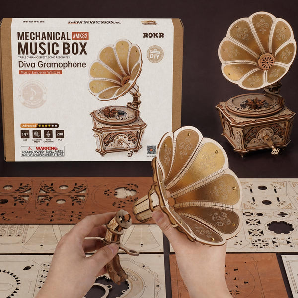 Boîte à musique gramophone ROKR Diva Puzzle 3D en bois