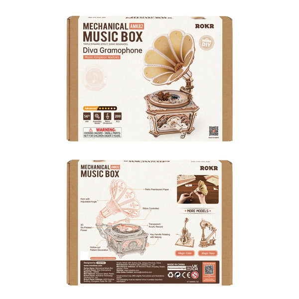 Boîte à musique gramophone ROKR Diva Puzzle 3D en bois