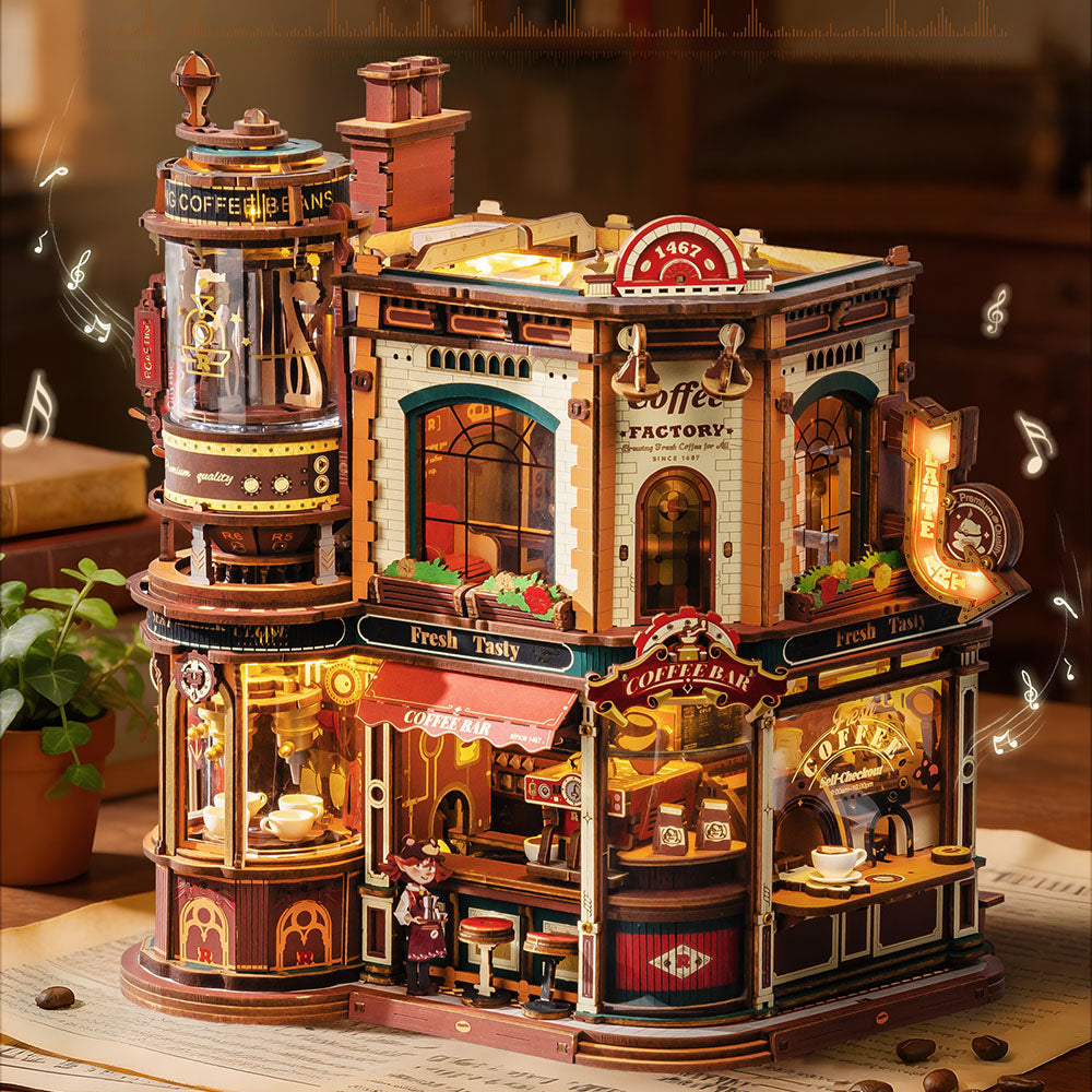 Boîte à musique en bois Casse-tête 3D Usine de café ROKR Dream