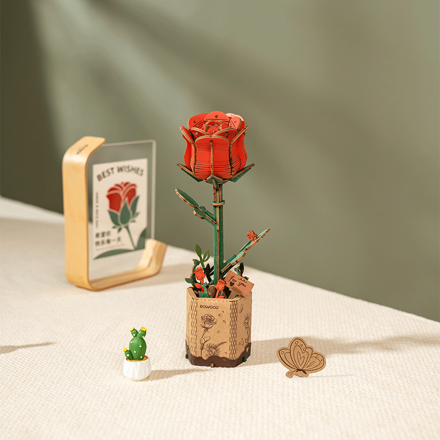 Rowood Puzzle en bois 3D Fleur de rose rouge en bois